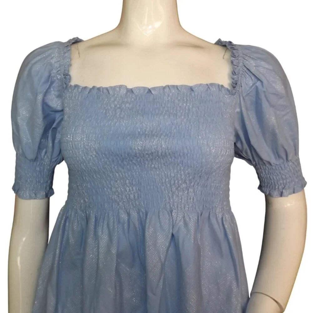 HILL HOUSE Mini Dress, S, Athena Nap, Powder Blue/Silver check, Smocking A-line - Picture 2 of 13